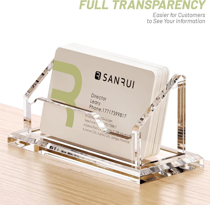 SANRUI Acrylic Business Card Holder for Desk, Single Clear Card Display Stand, Horizontal Desktop Business Card Organizer for Tabletop Countertop Office, Holds 60 Cards
