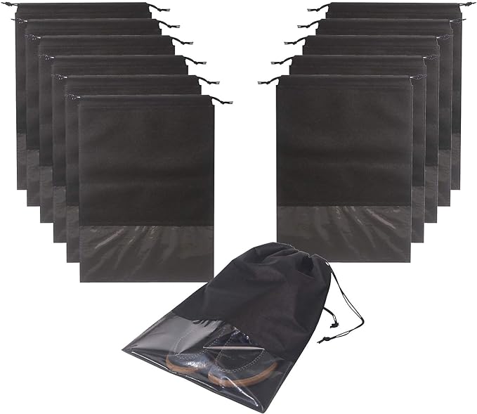 12PCS Travel Shoe Bags with Rope for Men and Women Large Shoes Pouch Storage Packing Organizers, Black