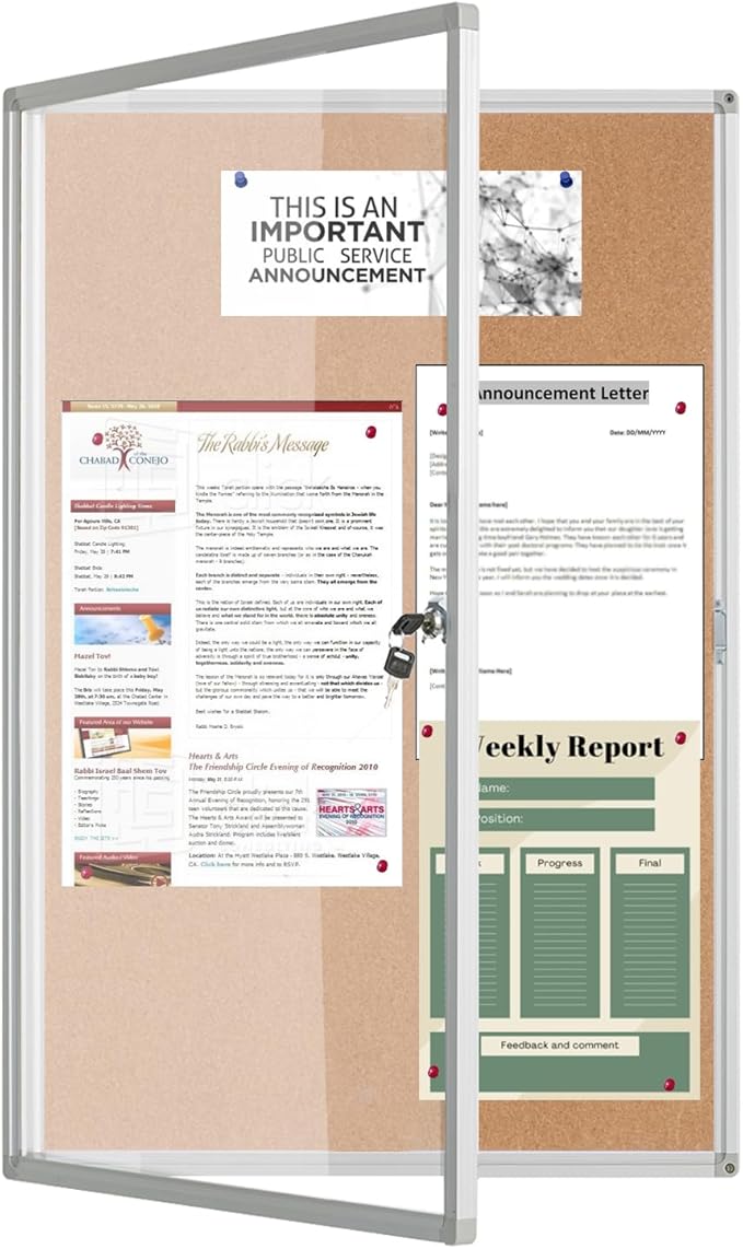 Lockable Bulletin Board Display Case 24x36, Enclosed Cork Board with Acrylic Door & Aluminum Frame, Wall Mounted Notice Board with 2 Keys for Office, School, Hallway, Posters & Flyers