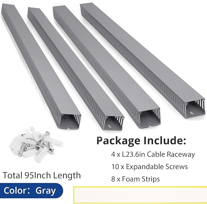 ZhiYo 2" H x 2.4" W Cable Management Raceway, 95in Under Desk Channel, Grey | Slotted Wire Duct, 4Pack, 23.6in Each, Heavy-Duty PVC Cable Management for Server Racks, Network Cables & Electrical Cabinets