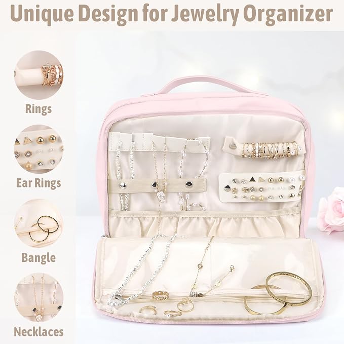 YOPCDJ Hanging Toiletry Bag with Jewelry Organizer,Travel Bag for Toiletries,PU Leather Cosmetic Bags for Women Make Up Organizer with 4 Compartments Waterproof Portable Travel Essentials