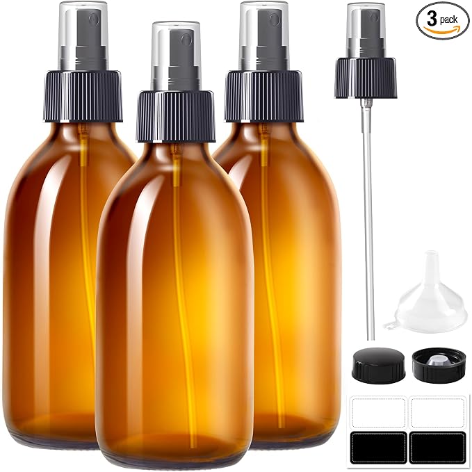 Tecohouse Amber Glass Spray Bottles 8.8 oz, 3 Pack Empty Spray Bottle for Essential Oils, Small Glass Bottles for Cleaning Solutions, Plants, Hair with Durable Nozzle, Labels, Funnel