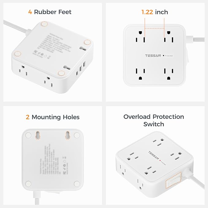 TESSAN Surge Protector Power Strip, 10 Ft Flat Plug Extension Cord with 3 USB (1 USB C) 8 Outlets, 900J Protection, 3 Sided Outlet Extender with Power Switch for Office, Dorm Room, White