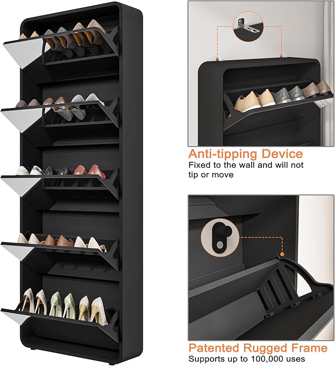 Mirror Shoe Storage Cabinet with 5 Flip Drawers, 15 Pairs | Real Glass Mirror | Fits Men's Size 15 | Entryway Organizer | Narrow Freestanding | Space-Saving | Black