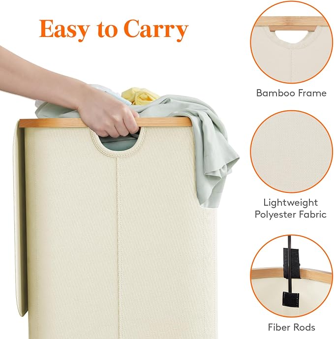Lifewit 150L Laundry Basket with Lid, Clothes Hampers for Laundry with Bamboo Handles and 2 Removable Bag, Large Foldable Laundry Hamper for Bedroom, Bathroom, Dorm, Laundry Room, White