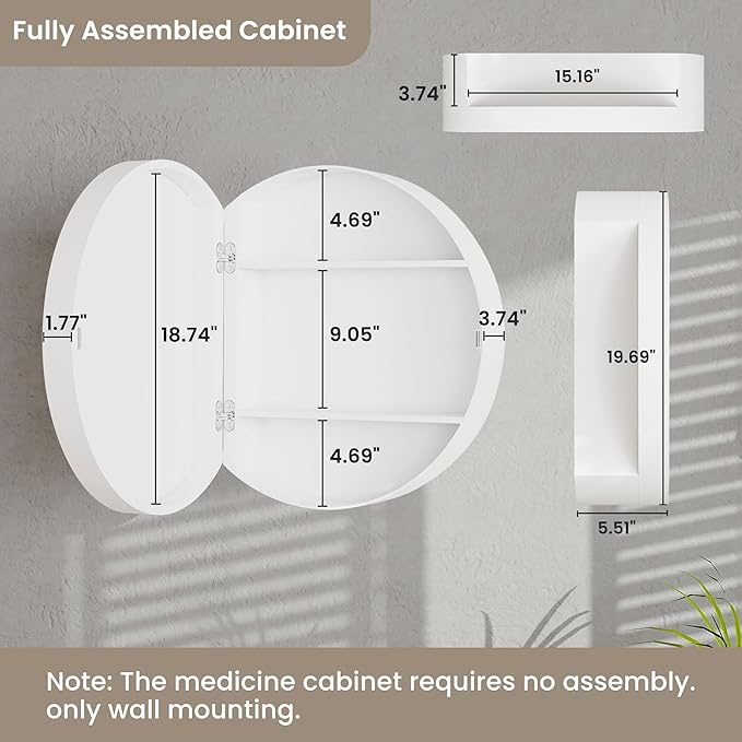 20'' Round Medicine Cabinet with Mirror, Modern Bathroom Vanity Mirror Cabinet with Storage Shelf, Circular Wall Mount Mirrored Cabinet, Farmhouse Medicine Cabinet for Home, Bathroom(White)