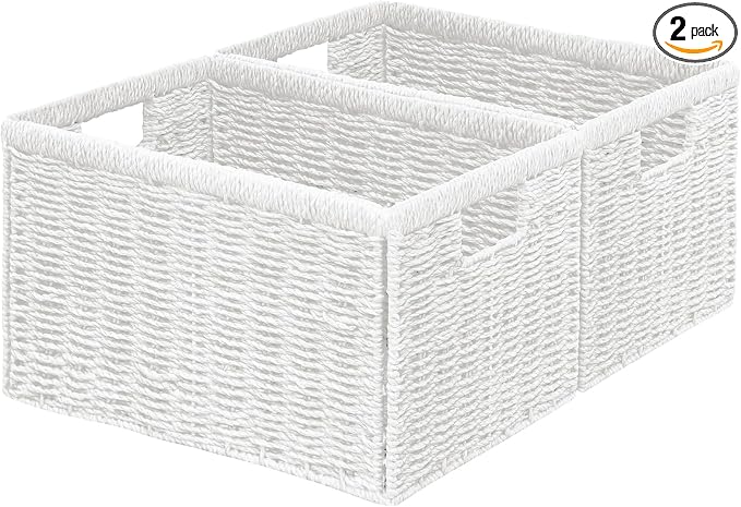 Vagusicc 2 Packs Large Wicker Storage Basket, Closet Storage Baskets Bins for Shelves, Decorative Collapsible Baskets for Organizing Clothes Toy Nursery Bathroom Organizers and Storage, White