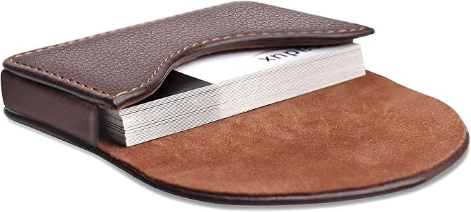 Cofee Leather Business Card Holder Case for Men or Women Pocket Business Card Wallet Name Card Case Holder with Magnetic Shut, Holds 25 Business Cards, Coffee