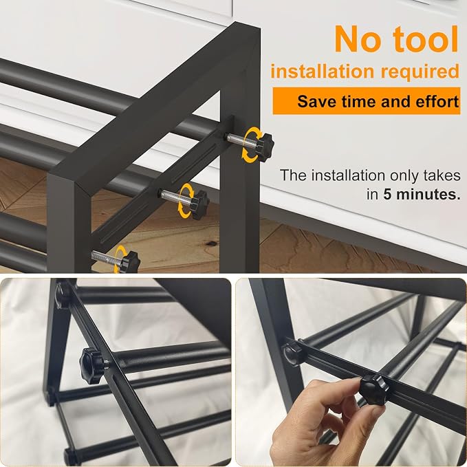 Detsuk 4-Tier Expandable Shoe Rack – Adjustable Metal Shoe Organizer for Closet, Entryway & Mudroom – Stackable, Heavy-Duty Storage, Black