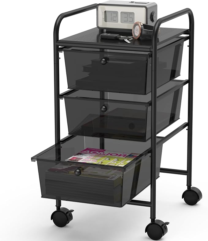 Simple Houseware 3 Drawers Rolling Utility Cart Art Craft Organizer, Black | 1-Column, 25.4" Height, Lockable Wheels, for School, Office, Art Craft, and Paper Storage