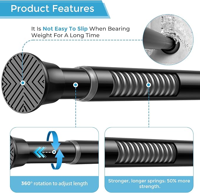 Tension Rod 30-76Inch Black Tension Curtain Rods for Windows Spring Tension Rod Adjustable Curtain Rod no Drilling Long Tension Rods for Window,Doorway,Closets