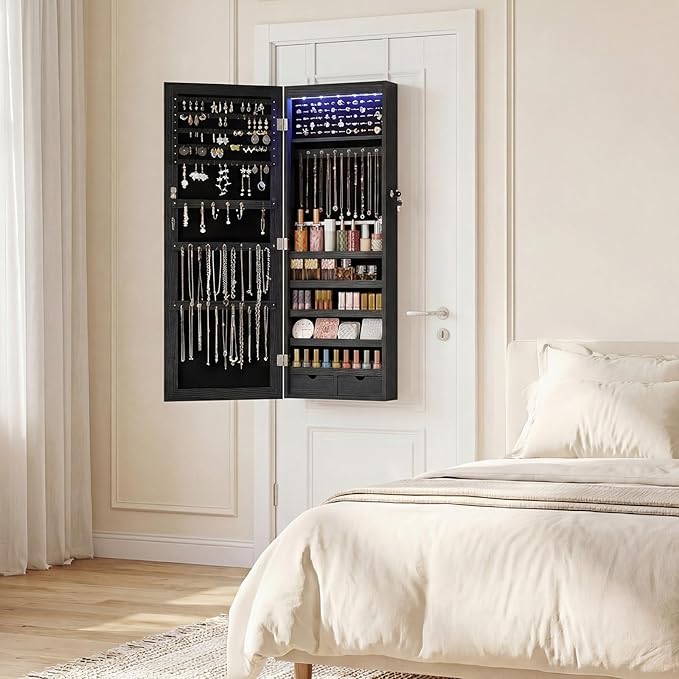 DUMOS Jewelry Armoire Cabinet with Full Length Mirror, 47.2" Tall Wall Mounted or Over the Door Jewelry Organizer with 33 Necklace Hooks, Lockable Large Capacity with Drawers, Black