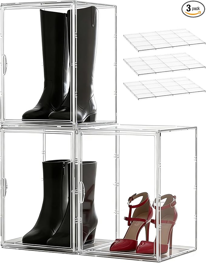 XXX-Large Clear Stackable Acrylic Display with Lid & Magnetic Door - 2-Tier Adjustable Shoe Box Case 11.8'' X 9.8'' X 15.7''Organizer for Boot, Sneakers, Collectibles, Figures, Purses | 3-Pack