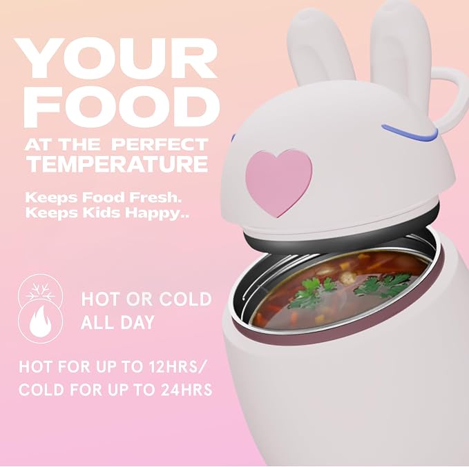 Bestie Foodie Kids Insulated Food Jar – Cute Character Lunch Container for Children, BPA-Free Stainless Steel, Leakproof & Vacuum Sealed, Keeps Food Hot or Cold, Easy to Clean, 16oz