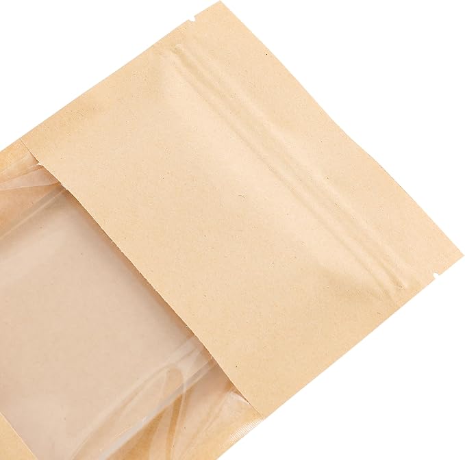 100PCS Resealable Kraft Paper Packaging Bags with Clear Window, Food Grade Heat Sealed Zipper Pouches for Coffee, Tea, Nuts, Snacks, Cookies (Kraft, 13 * 18CM/5.0"*7.1"-100PCS)