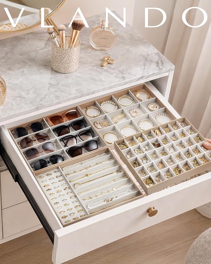 VLANDO Sunglasses Organizer,Stackable Jewelry Tray for Glasses,Toffee | Removable Dividers, Soft Velvet Lining, Drawer Organizer for Glasses, Watches, Vanity Display, Gift for Women Girl
