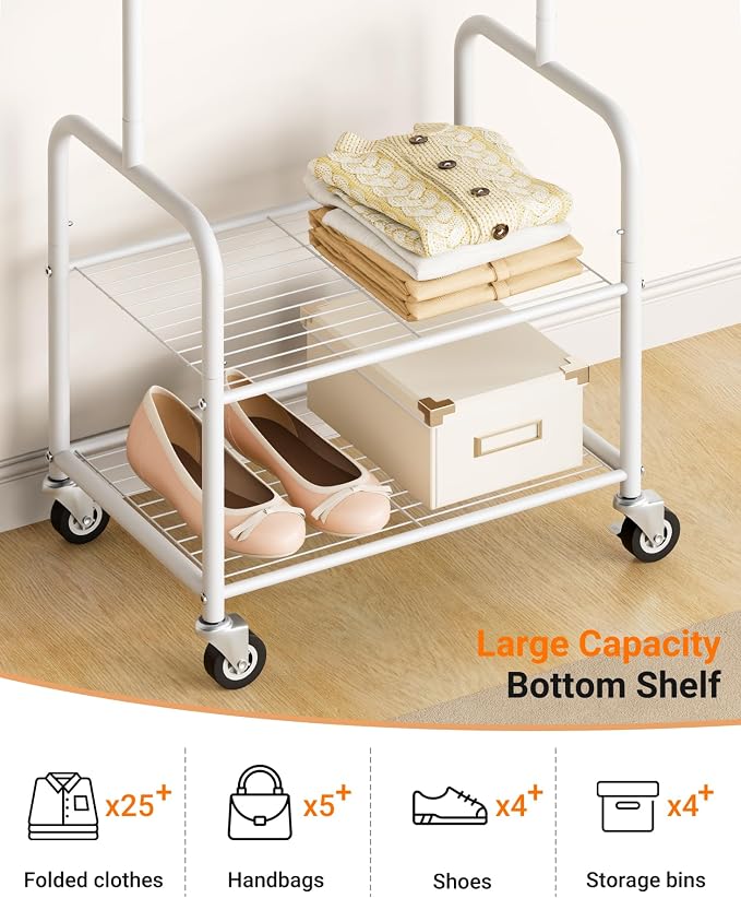 AOODA Small Clothes Rack with Shelves, Metal Sturdy Rolling Clothing Racks for Hanging Clothes, Portable Garment Rack with Wheels for Shirts, Coats, Shoes, Bags (White)