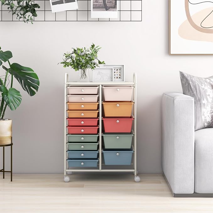DREAMADE Rolling Cart with 15 Drawers, Rolling Drawer Organizer Cart w/Lockable Wheels, Removable & 2-Sized Storage Drawers, Art Cart for School Home Art Supplies Crafts File Scrapbook