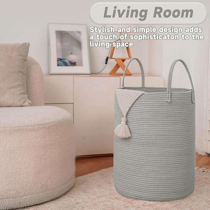 JMvicyroam Large Woven Laundry Basket Hamper,100L Cotton Rope Storage Bin for Blankets,Toys and Clothes,Decorative Tall Nursery Hamper for Living Room,Baby Nursery,Bathroom and Bedroom,Grey