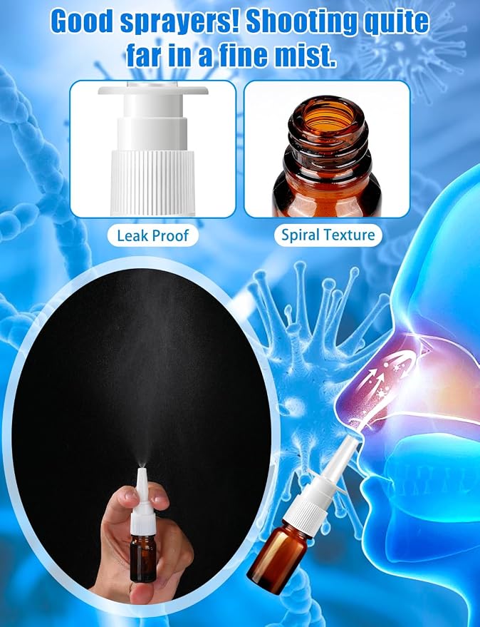 20 Pcs Nasal Spray Bottles, 5ML/0.17OZ 12 Pcs Brown Empty Glass Refillable Nasal Spray Bottle with 4 Funnels and 4 Labels