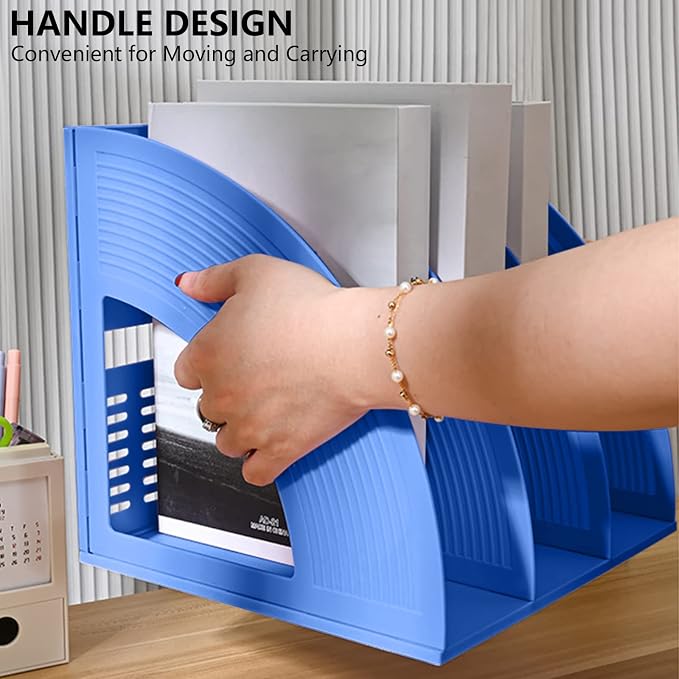 A4 File Holder Magazine File Folder Desk Organizer, Compartments Bookshelf Document Divider Paper Box Bookends for Office Home Organization and Storage Racks (Blue, 3 Compartments)