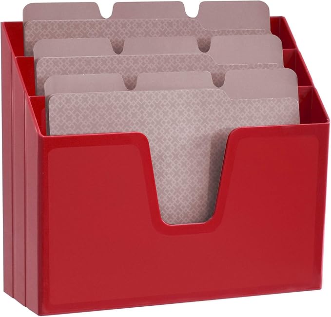 Acrimet Horizontal Triple File Folder Holder Organizer, Open Top Desktop Document Sorter for Letter Size Papers & Folders, Plastic (Solid Red) | 3 compartments to separate and organize documents, folders and papers