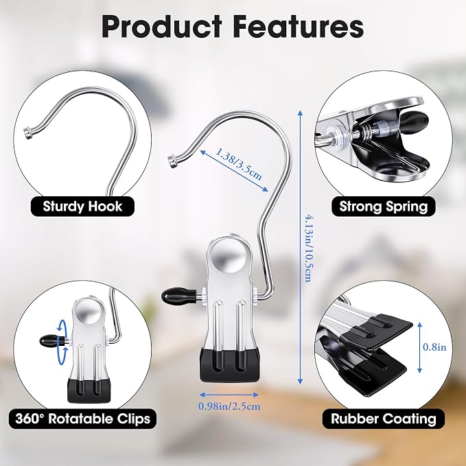 Boot Hangers Clips for Closet, Laundry Hooks Hanging Clips Clothes Pins Boot Holder Clips Space Saving Portable for Travel Tall Boots Socks Towel Jeans Hats (12, Black)
