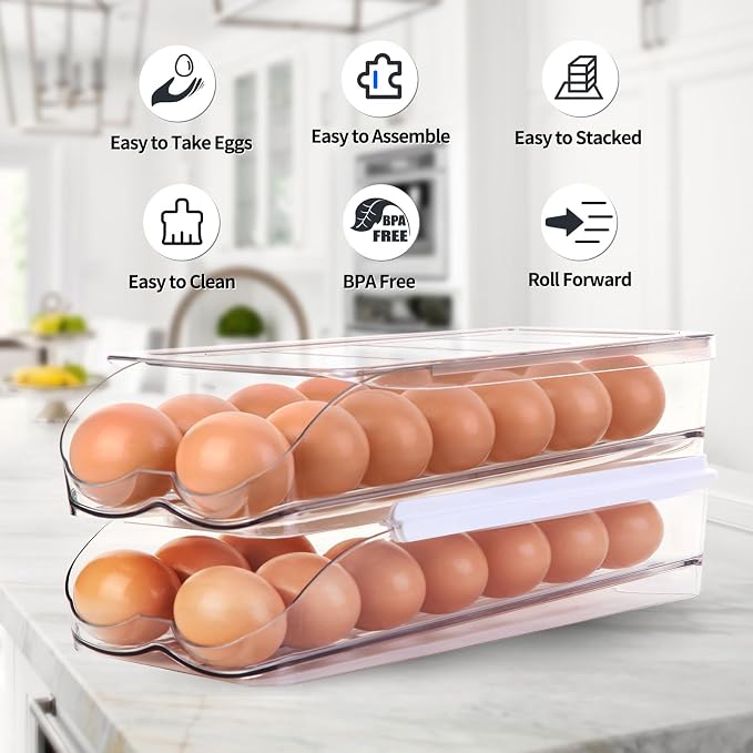 RoskDeewat Egg Holder for Fridge, Automatically Rolling Egg Container for Refrigerator, Clear Plastic Fridge Organizers and Storage with Lid, Stackable Egg Dispenser & Tray (3 Tier)