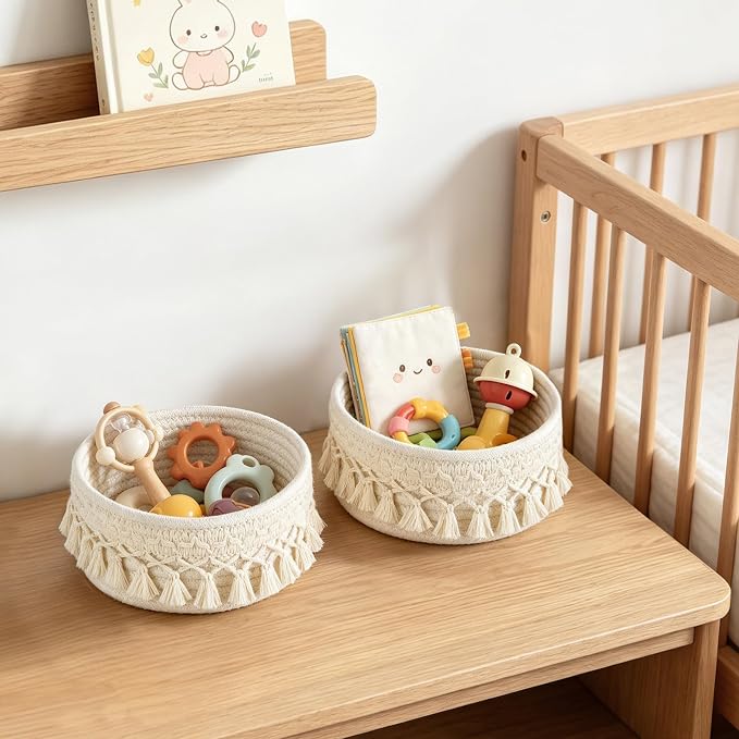 Mkono Macrame Makeup Brush Holder, Boho Mini Storage Basket Set of 2 Ivory | Small 7"W x 3.15"H, Decorative Basket, Comb Pens Tiny Succulents Holder, Bedroom Vanity Living Room Bathroom Dorm Office