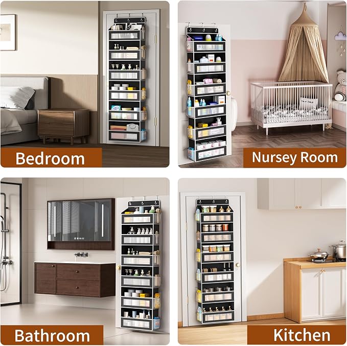 6-Tier Over The Door Organizer with 6 Large Pockets, Over the Door Storage 12 Side Pockets, Hanging Door Organzier 44 lb Load Behind Door Storage Hanging Shelf for Closet Wall Bathroom Nursery, Black