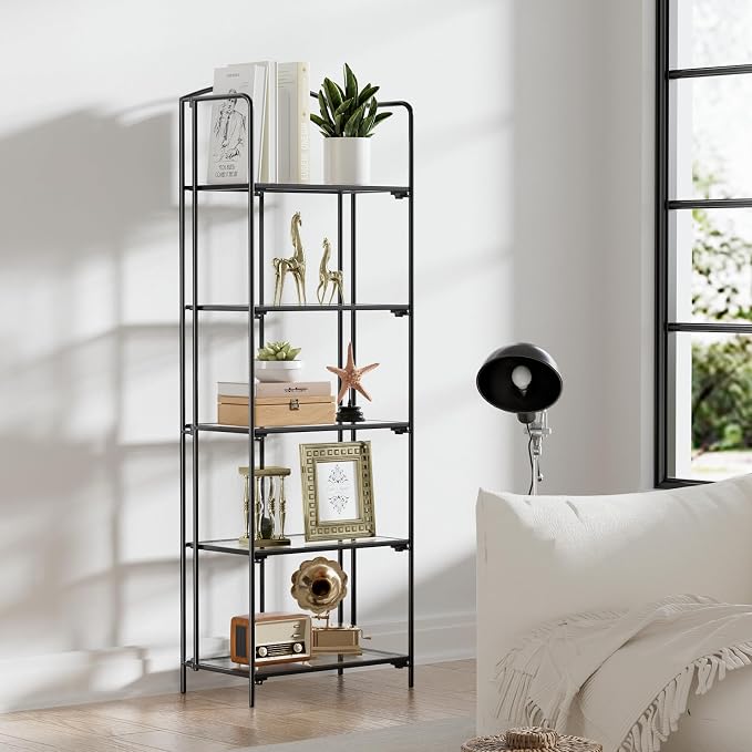 Crofy 5-Tier Foldable Bookshelf, Black Frame & Transparent Shelves | No-Assembly Collapsible Portable Storage Organizer; Sturdy Transparent Shelves; Ideal for Living Room & Home Office