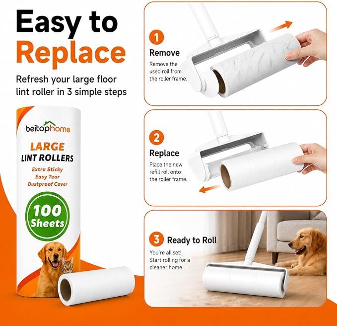 Large Lint Roller Refills, 9.44-Inch Wide, 200 Sheets | 2 Extra Sticky Replacement Rolls for Pet Hair, Refills Only
