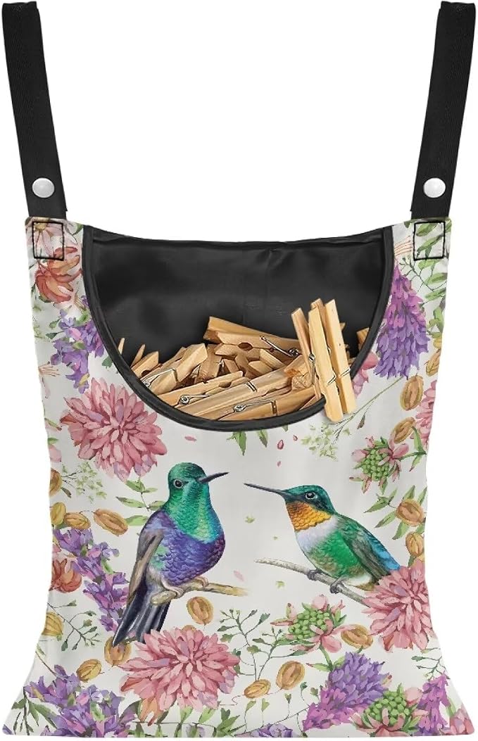 Hummingbird Clothespin Storage Hanger Bags Hydrangea Laundry Clothespin Bag, Clothespin Bag with a Large Opening, Hanging Storage Organizer with Hanging Rope for Home Outdoor