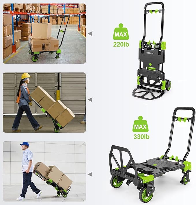 330LB Folding Hand Truck Heavy Duty Carrying, Combination of Four Wheels and Two Wheels Convertible Dolly Cart with Retractable Handle Dolly for Moving Office Carts(Green)