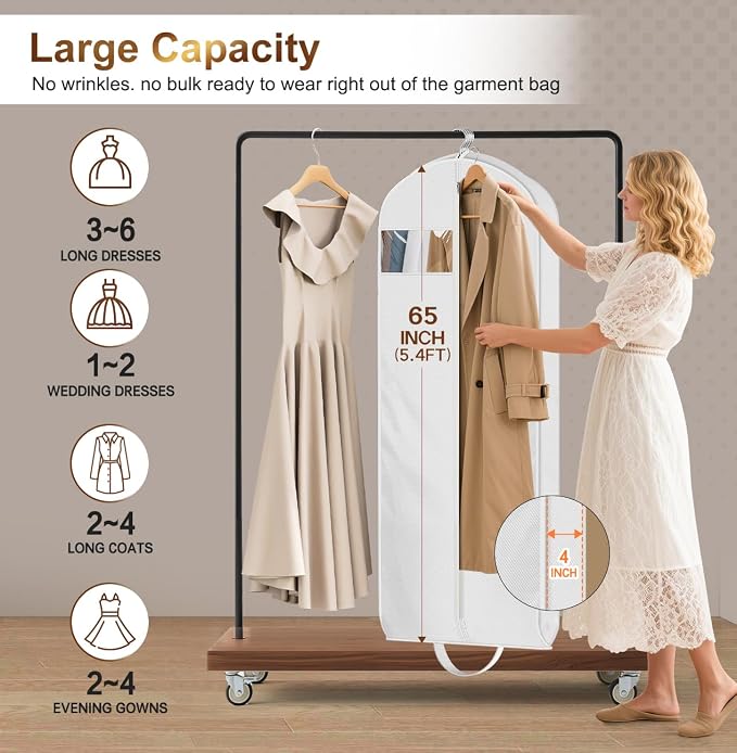 MISSLO 65" Long Garment Bags for Travel for Women Waterproof Dress Bags for Gowns 4" Gusseted Dress Protector Bag for Closet Storage Clothing Covers for Hanging Clothes Wedding Dresses Storage, White