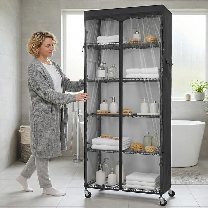 Wire Shelf Rack with 600D Oxford Cover & Wheels, 30"W x 14"D x 72"H | 6-Tier Heavy Duty Wire Shelving with Wheels, Waterproof & Dustproof Shelf Cover for Kitchen, Pantry & Laundry Room