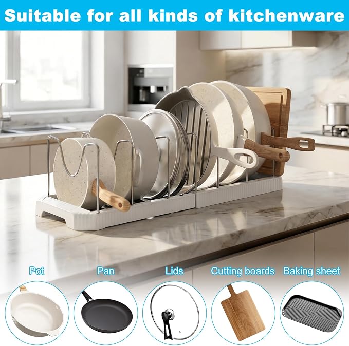 A Pots and Pans Organizer Rack for Under Cabinet, Expandable 12.99''-22.05'' Pot Lid Holder with 7 Adjustable Dividers, Space-Saving Storage for Renters, Small Homes&Cooks (White)