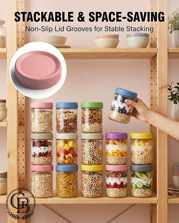 16oz 6-Pack Overnight Oats Containers with Lids,Glass Airtight Food Storage Containers Mason Jars, Glass Yogurt Jars with lids for Sugar Pudding Sugar Salad (16oz-6 pack)