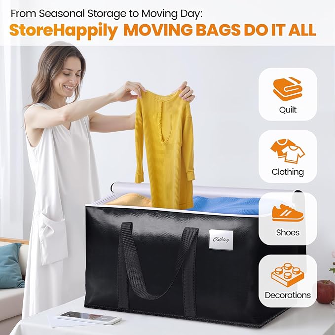 StoreHappily Heavy-Duty & Extra Capacity Moving Bags with Backpack Straps, Storage Totes with Double Zipper & Strong Handles, Packing Bags Alternative to Moving Boxes, Moving Supplies (10 Pack, Black)