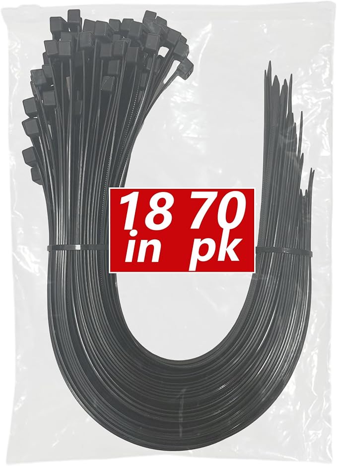 200lb Zip Ties Heavy Duty 18 Inch 70pcs, Large Black Cable Tie, Thick Heat Resistant Zipties, Big Wide Wire Ties, Industrial Tie Wraps for Outdoor Use