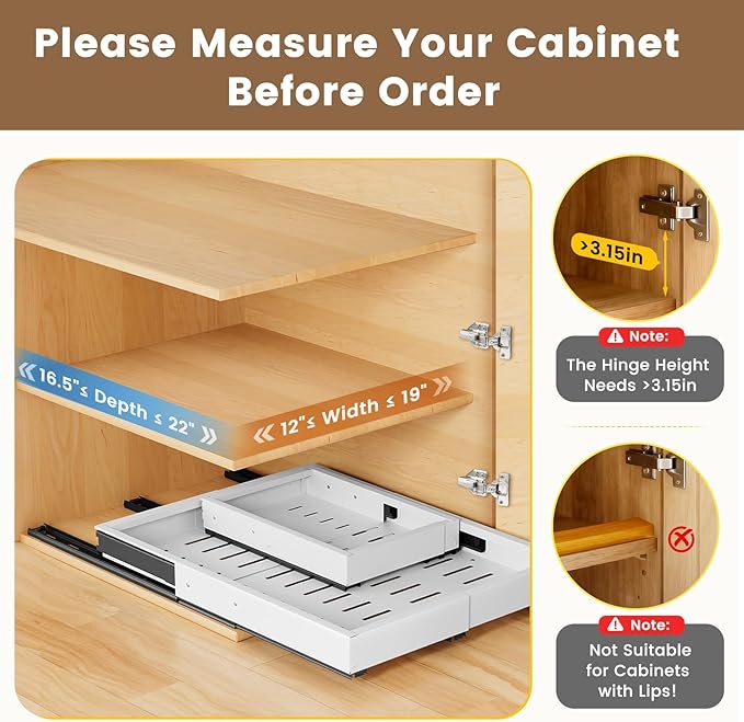 2 Pack Pull Out Cabinet Organizer, Expandable Width (11.4"-18.9") Depth (16.3"-21.7") Pull out Drawers for Cabinets with 3 Rails, No Drill Adhesive Film or Nail Slide out Drawers for Kitchen, Pantry