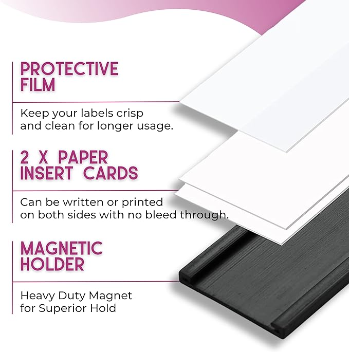 Availey 60 Pack Magnetic 'C' Channel Label Holders for Metal Racks and Shelves with Protective Films and Replacement Strips 2" x 1"
