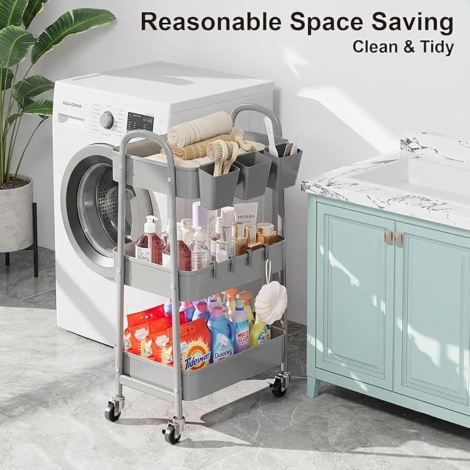 3 Tier Gray Metal Rolling Cart, Mesh Storage Cart with Handle and Lockable Wheels, Multifunctional Three Tiered Utility Organizer Carts for Kitchen, Office, Bathroom, Craft, Art, Snack, Baby Supplies