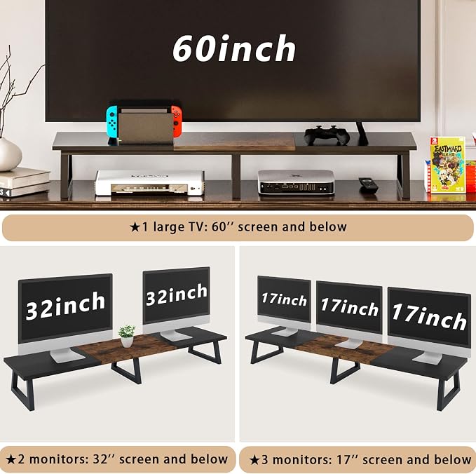 TEAMIX 42 inch Large Dual Monitor Riser, Desk Organizer Stand for TV Laptop | Extra Long Computer Stand Shelf, Wood & Steel TV Riser, Holds 300lbs, Keyboard & PS5 Storage Below, For Home Office & Gaming