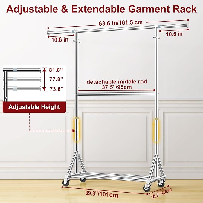 Steel Heavy Duty Tall Clothes Rack Load 860LBS, 73-81"H x 17"D x 42-63"W, Adjustable Two Tier Clothing Rack for Hanging Clothes, Rolling Garment Rack With Sturdy Wheels, Commercial Closet Coat Rack
