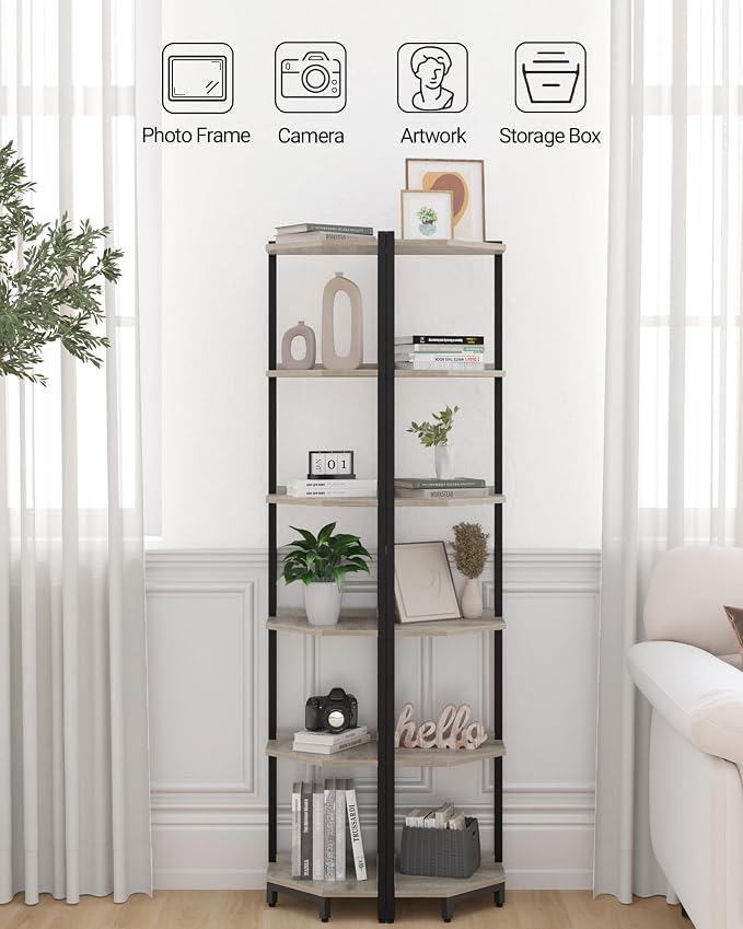 Hzuaneri Corner Shelf Stand, Corner Bookshelf, Storage Standing Shelf Unit with Metal Frame, Plant Stand, Bookcase for Living Room, Home Office, Bedroom, 6-Tier Greige CS06005B