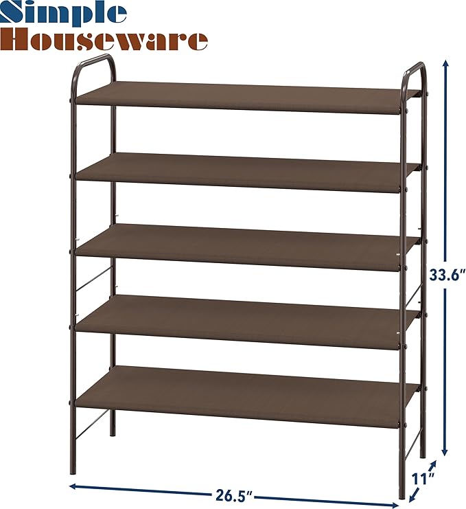 Simple Houseware 5-Tier Shoe Rack Storage Organizer, 15-24 Pairs, Bronze | Space-Saving Shoe Shelf with Sturdy Metal Frame and Non-Woven Fabric Shelves for Entryway, Garage & Corridor