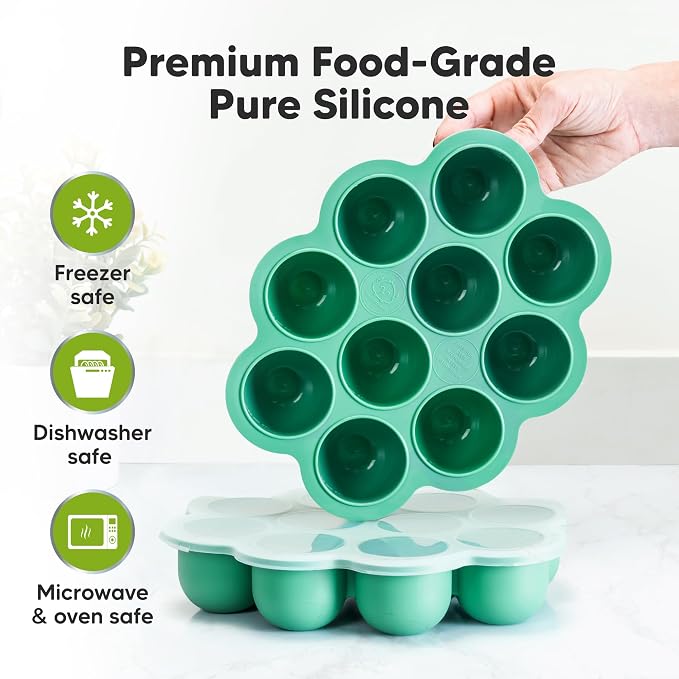 KeaBabies Silicone Food Freezer Trays with Lid, 2oz x 10 Pods (Alpine Green)
