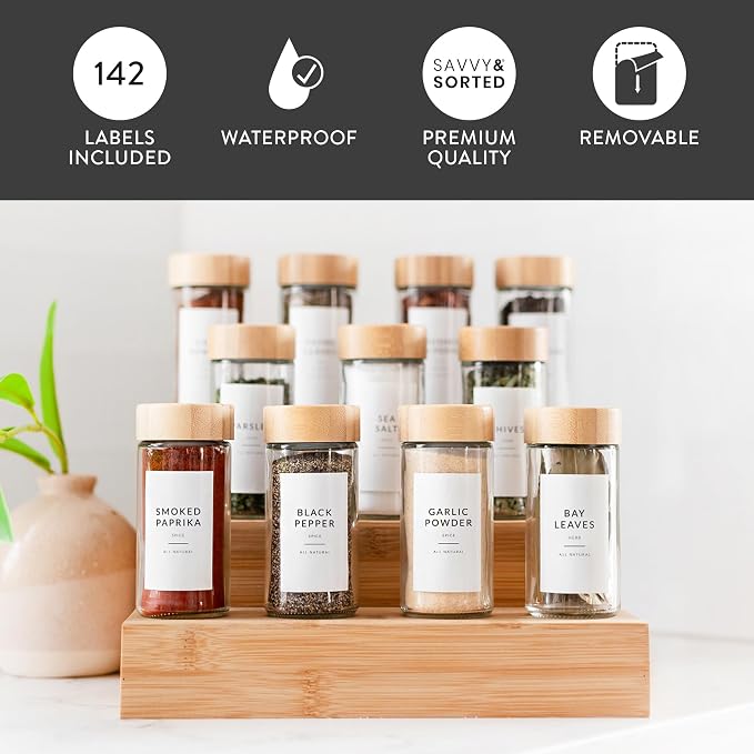 Minimalist Spice Labels for Glass Jars - 142 Spice Jar Labels Preprinted Waterproof, White Rectangle Herb Stickers, Seasoning Herb Containers Kitchen Pantry Organization