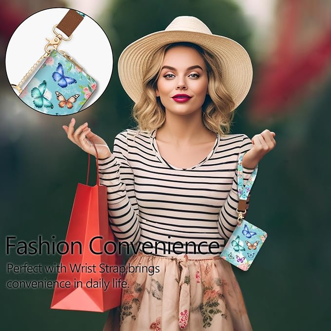 Blusabaca Women Credit Card Holder, Small RFID Wallet with Wristlet Strap | Removable Keychain, Case with Zipper, Vegan PU Leather, Cash Coin Pocket, Business Accordion Purse, Ladies Female Gift